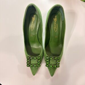 Bianca Di Green Suede Crystal Buckle Pointed Toe Pumps Made in Italy Size 40